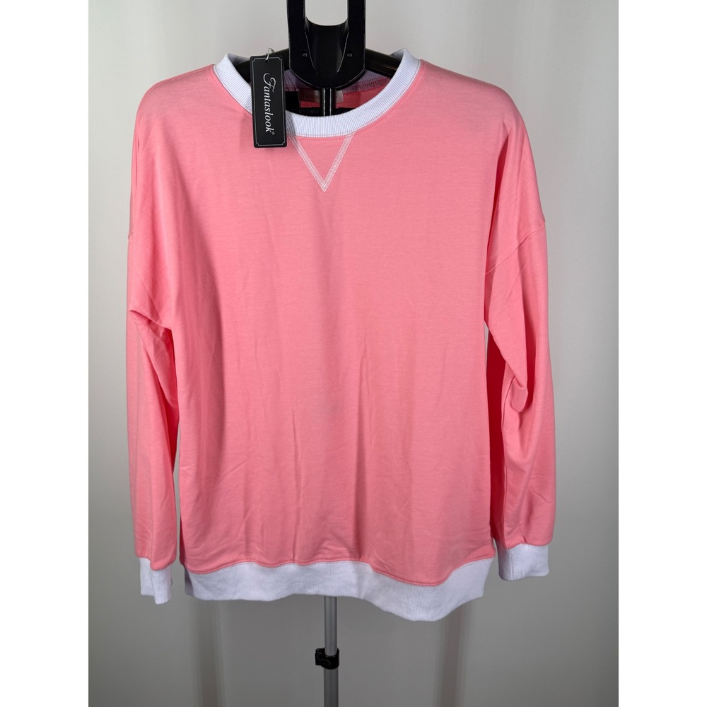 Fantaslook Womens Pink Crewneck Sweatshirt White Trim V-Stitch Long Sleeve Large